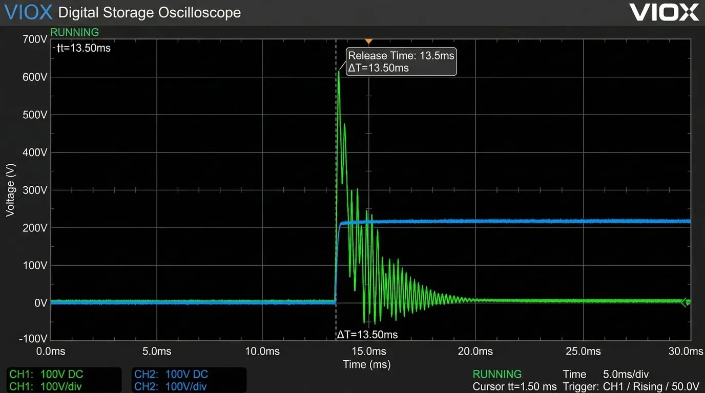 Forme d'onde de relâchement du contacteur DC sans diode de roue libre (vert : tension de la bobine ; bleu : tension du contact principal)