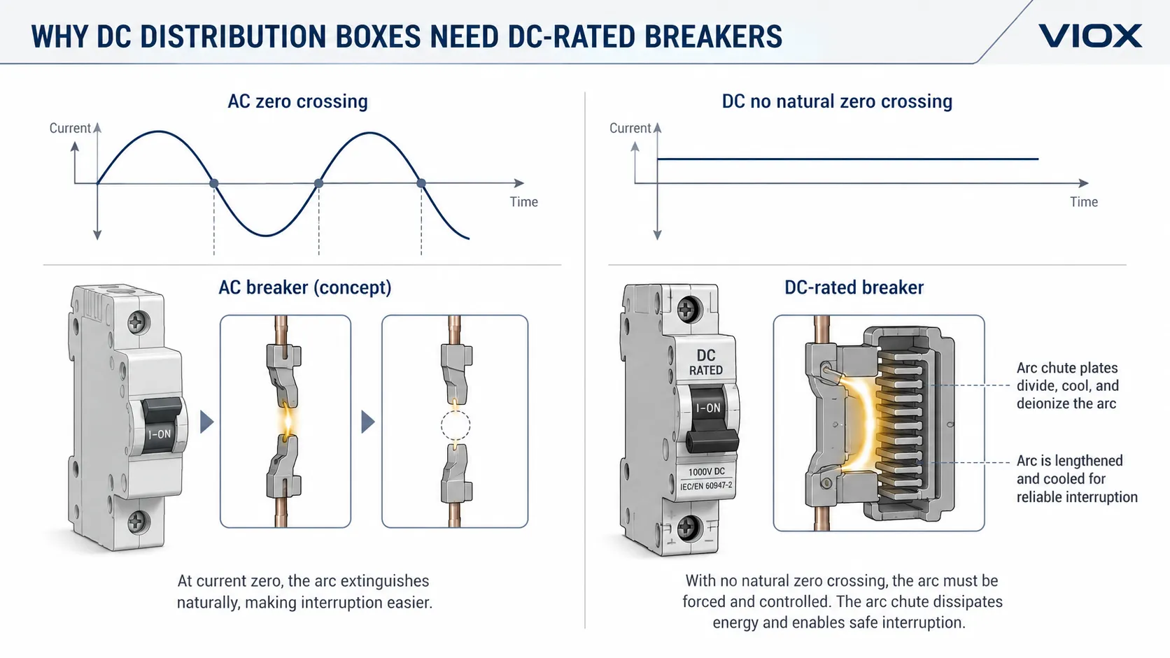 DC distribution box requiring DC-rated protection because DC arcs have no natural zero crossing.