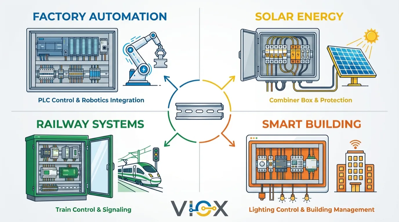 Infographie des applications des rails DIN montrant leur utilisation dans l'automatisation des usines, l'énergie solaire, les systèmes ferroviaires et les bâtiments intelligents