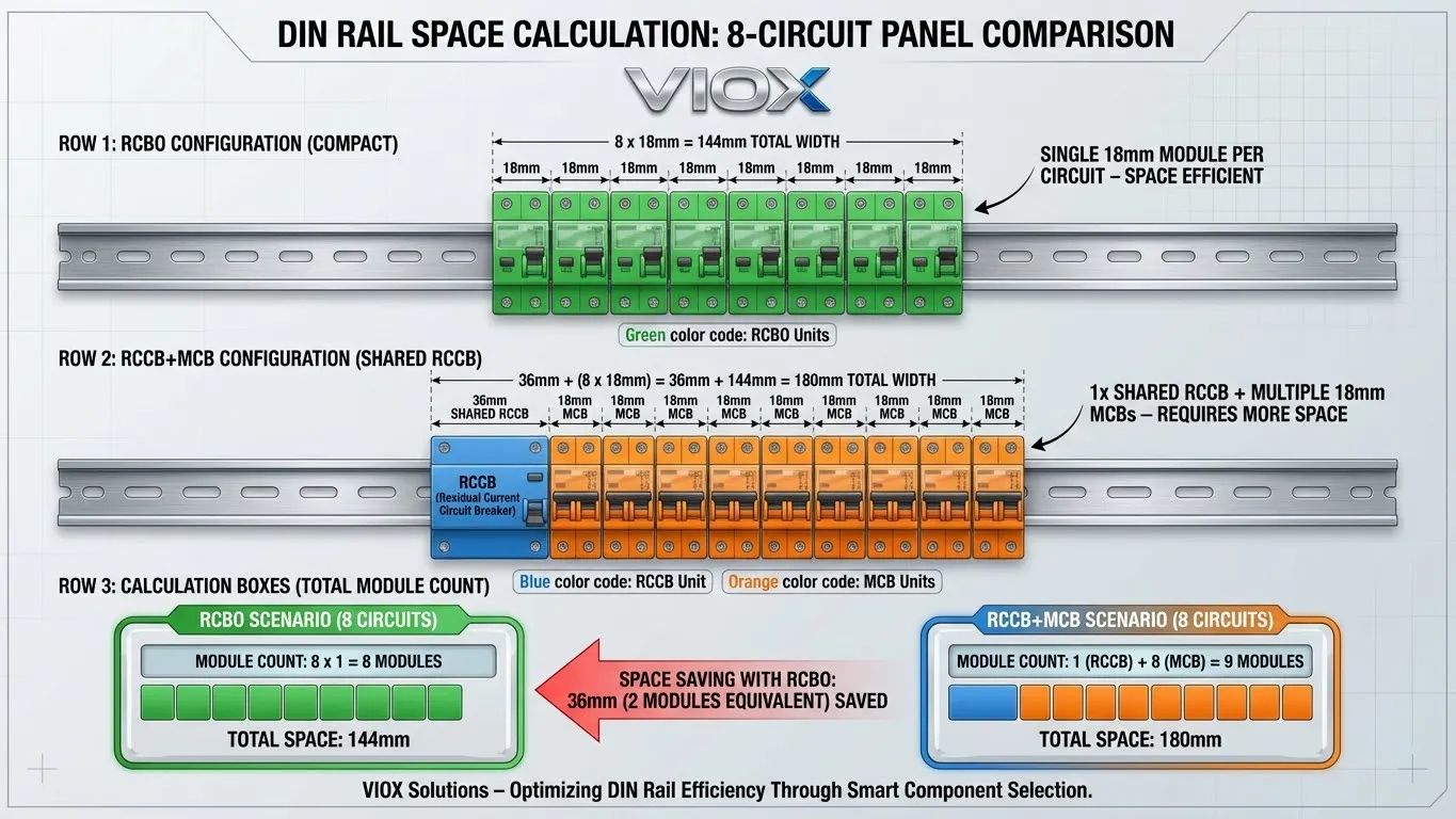 ການປຽບທຽບການຄິດໄລ່ພື້ນທີ່ໂມດູນລາງ DIN ສໍາລັບການຕັ້ງຄ່າ RCBO ທຽບກັບ RCCB+MCB ໃນກະດານ 8 ວົງຈອນ