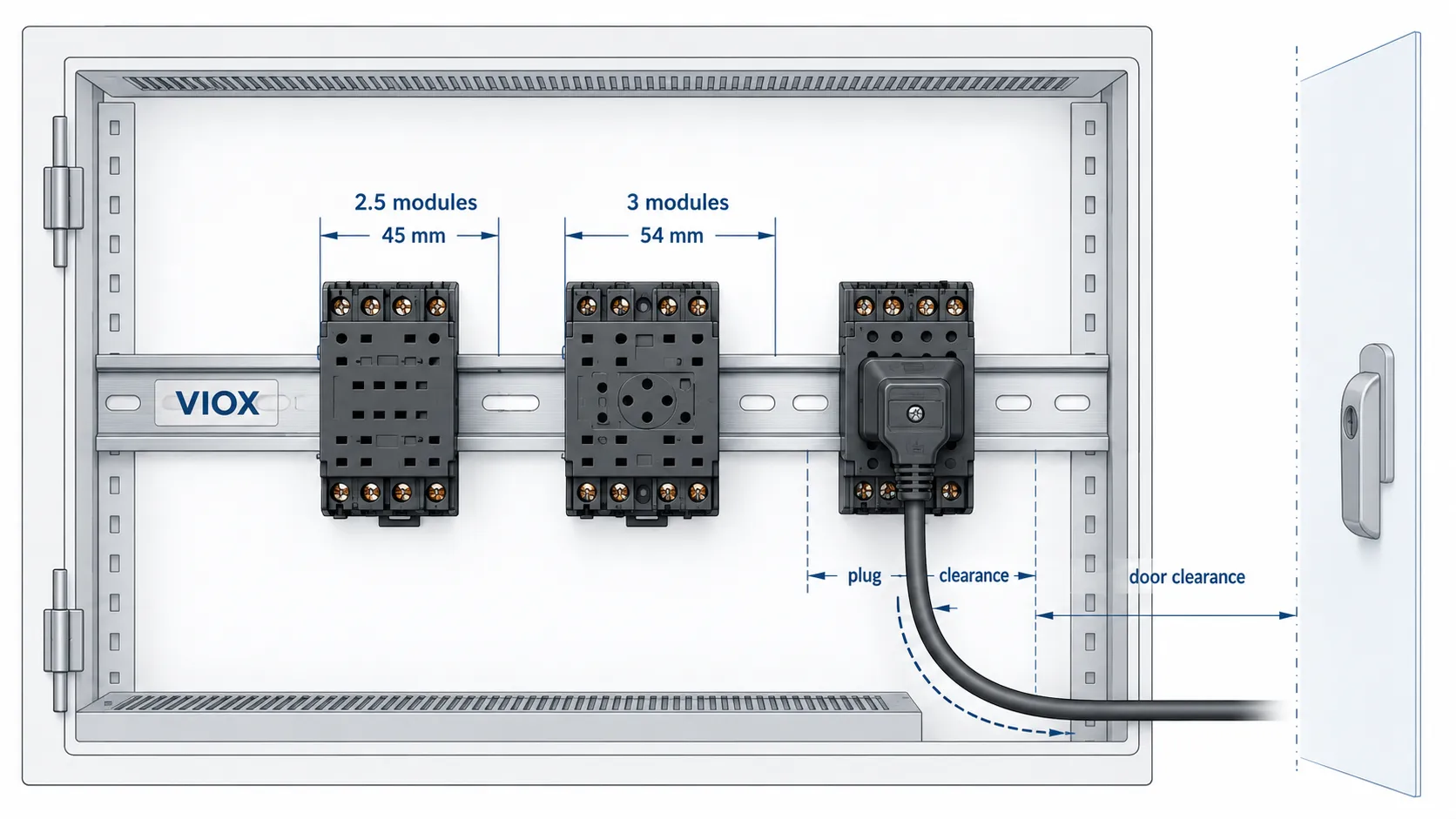 DIN rail socket module width and plug clearance diagram for control panel layout.
