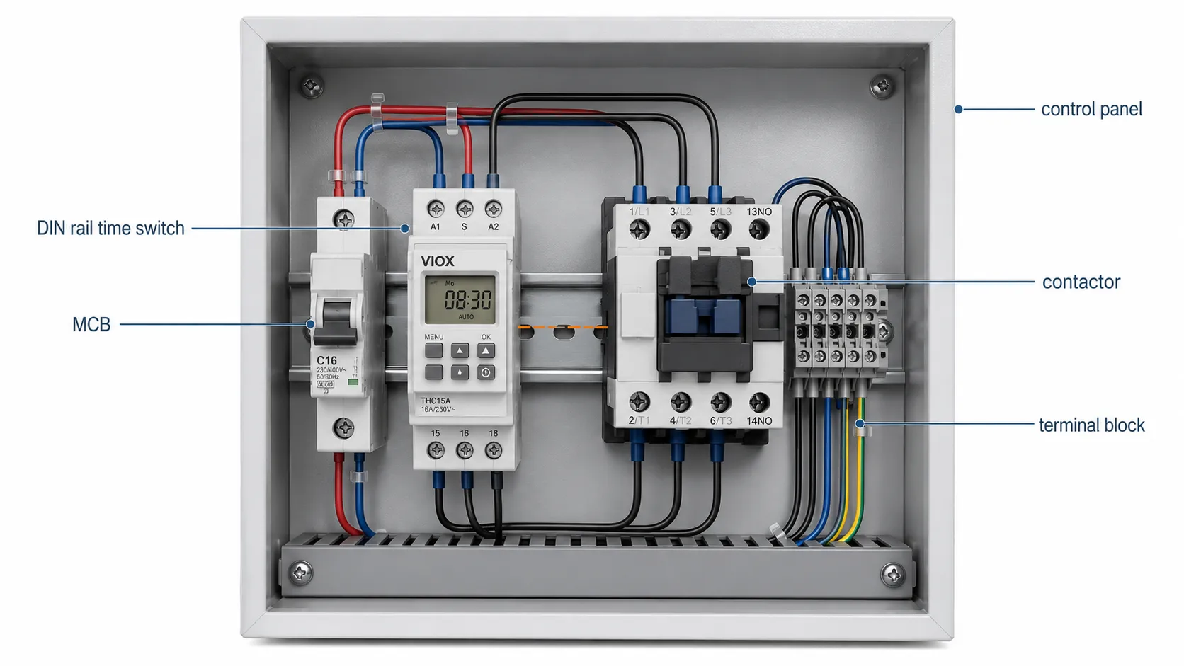 DIN rail time switch installed in an electrical panel with an MCB, contactor, and terminal blocks.