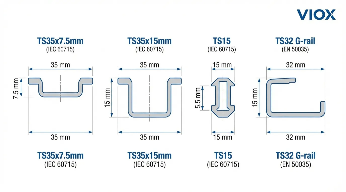 Diagramme comparatif des types de rails DIN montrant les sections transversales TS35 TS15 et G-rail avec les spécifications IEC 60715