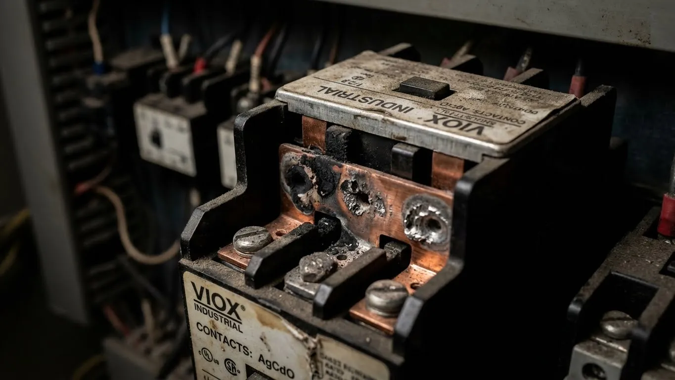 Φθαρμένες επαφές επαφέα που εμφανίζουν διάβρωση και σημάδια καψίματος από παρατεταμένο τόξο κατά τη διάρκεια της αργής αποσύνδεσης