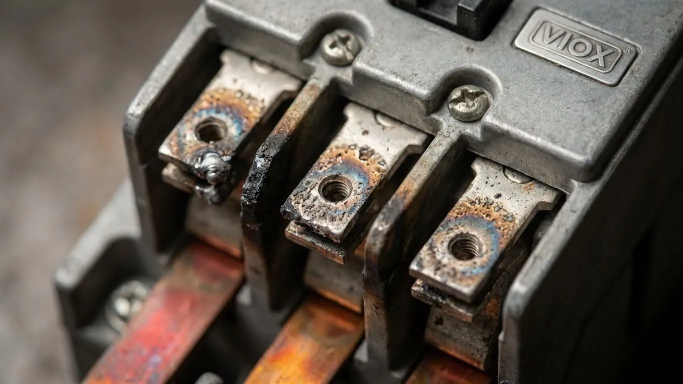 Damaged contactor contacts showing pitting and heat discoloration - VIOX contactor troubleshooting guide