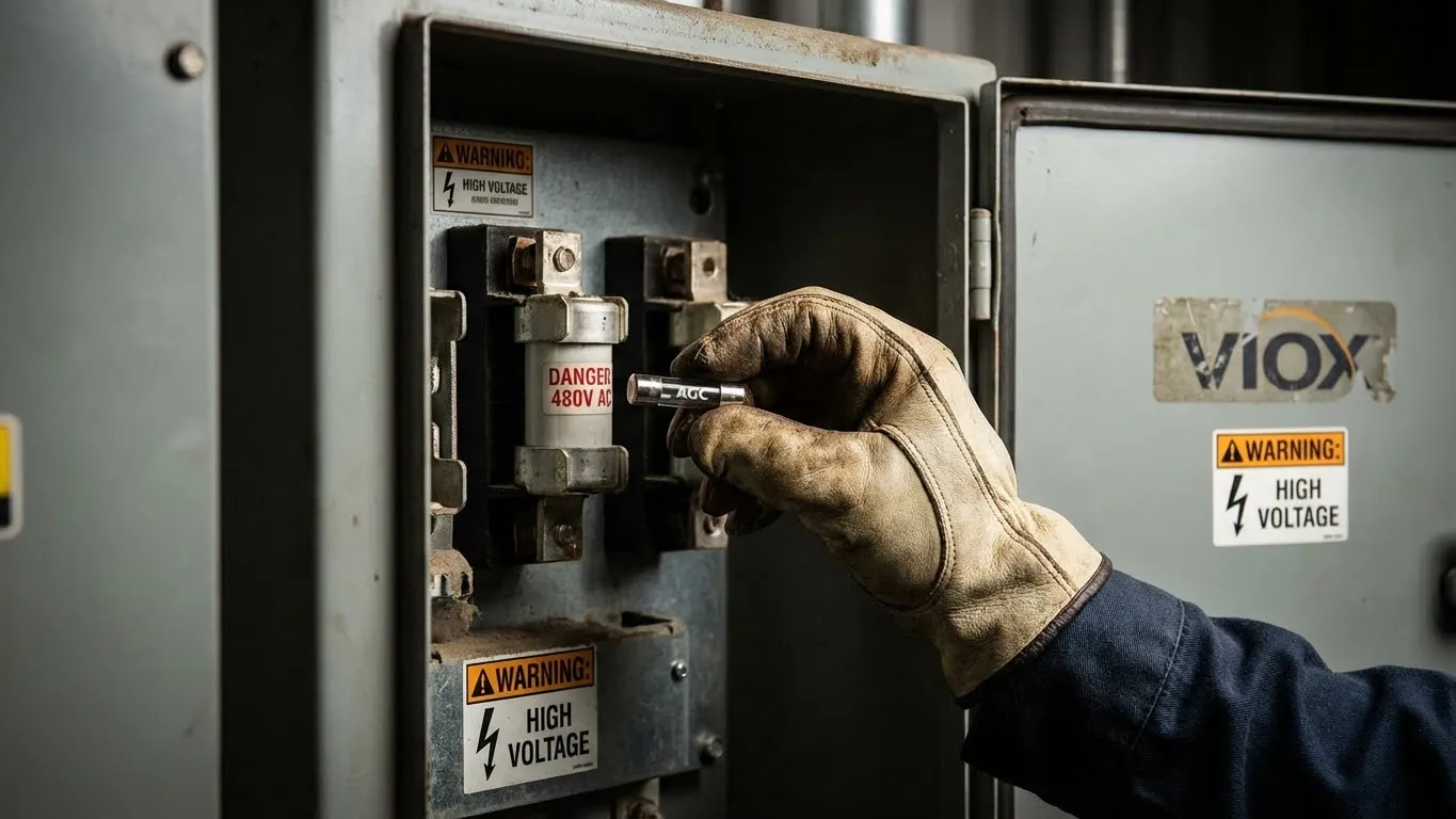 ممارسة خطيرة تتمثل في تركيب مصهر زجاجي AGC في لوحة صناعية بجهد 480 فولت