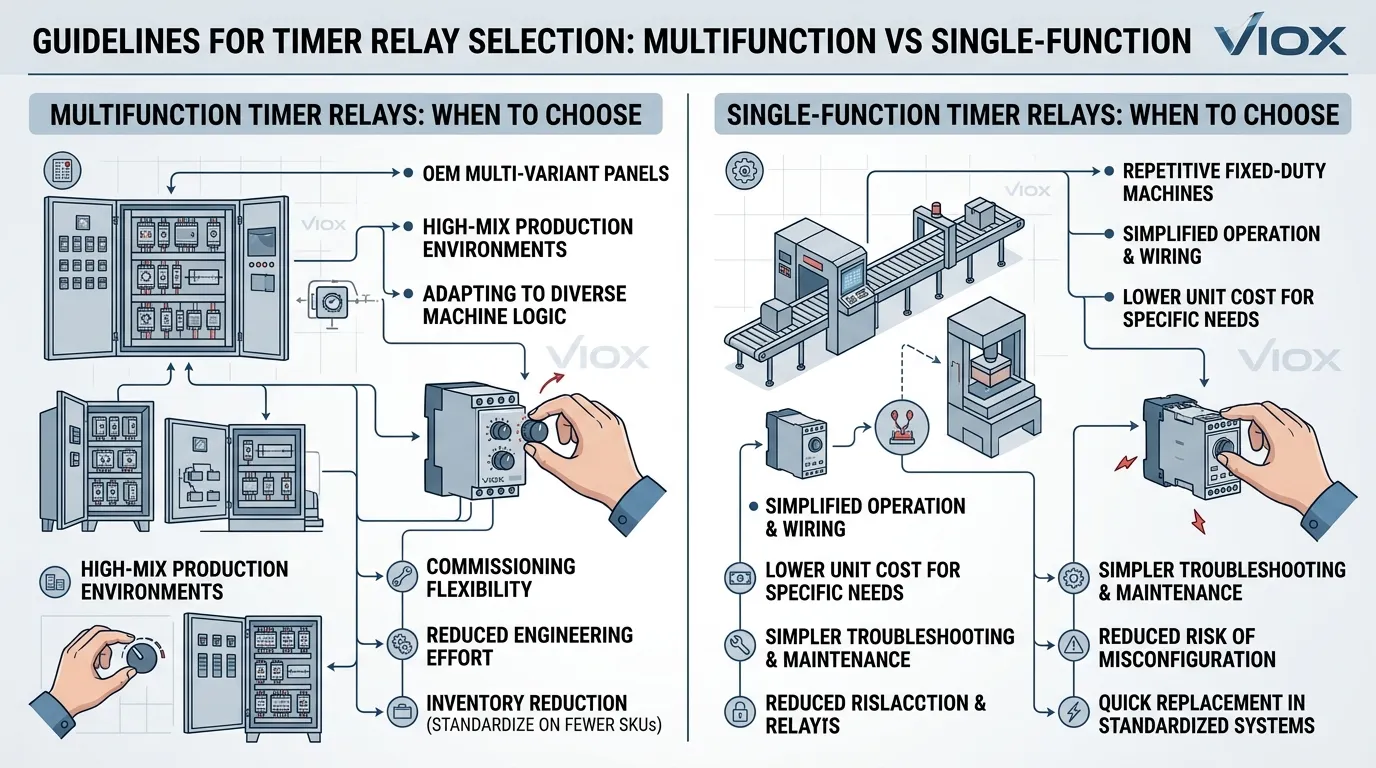 Rozhodovací průvodce ukazující, kdy je multifunkční časové relé nebo jednofunkční časové relé lepší volbou