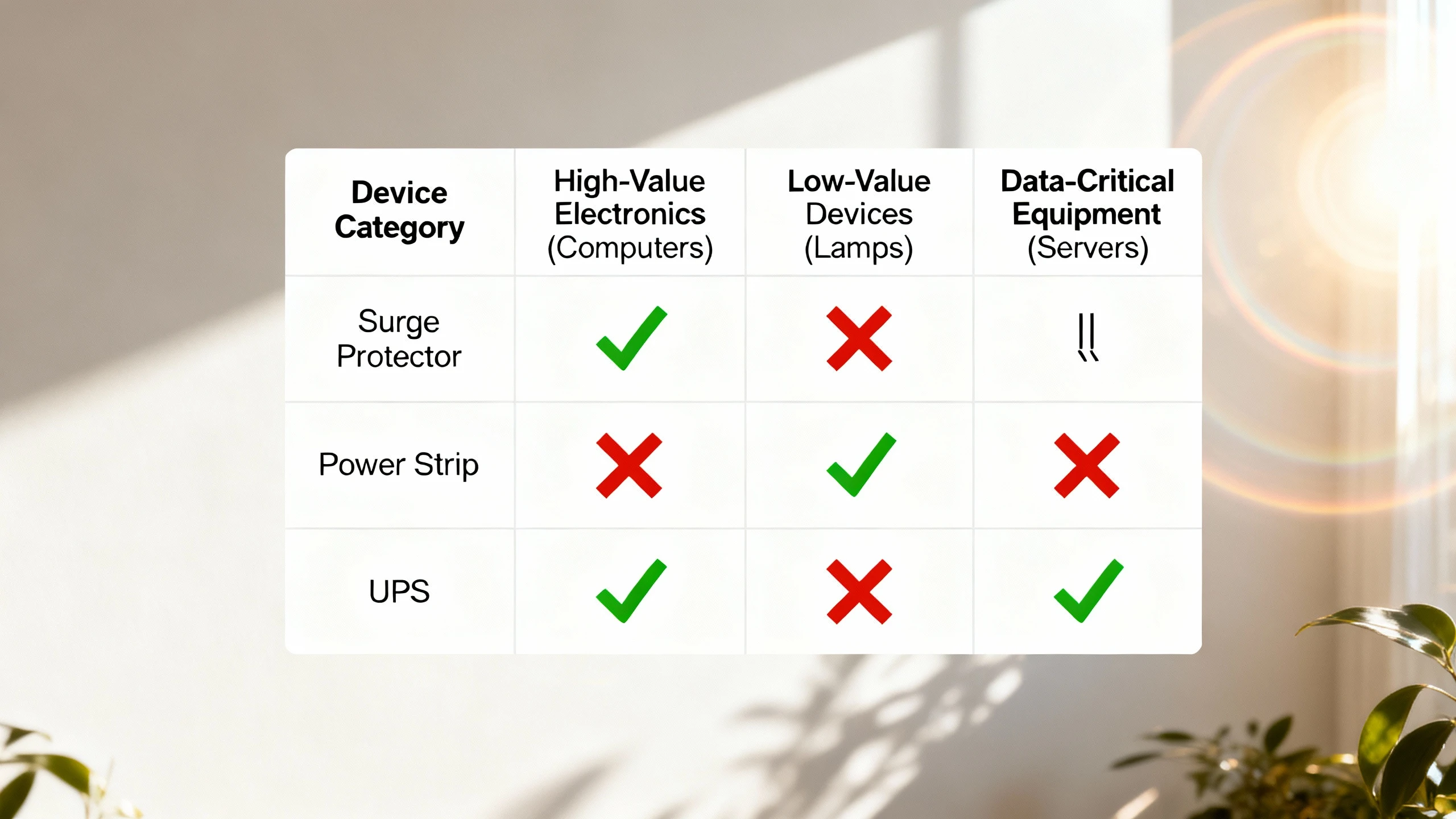 Decision matrix for choosing between power strip, surge protector, and UPS