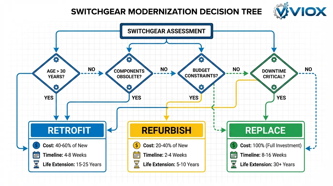 အကောင်းဆုံး switchgear ခေတ်မီအောင်ပြုလုပ်ခြင်း မဟာဗျူဟာကို ရွေးချယ်ရန်အတွက် ဆုံးဖြတ်ချက်သစ်ပင် စီးဆင်းပုံဇယား