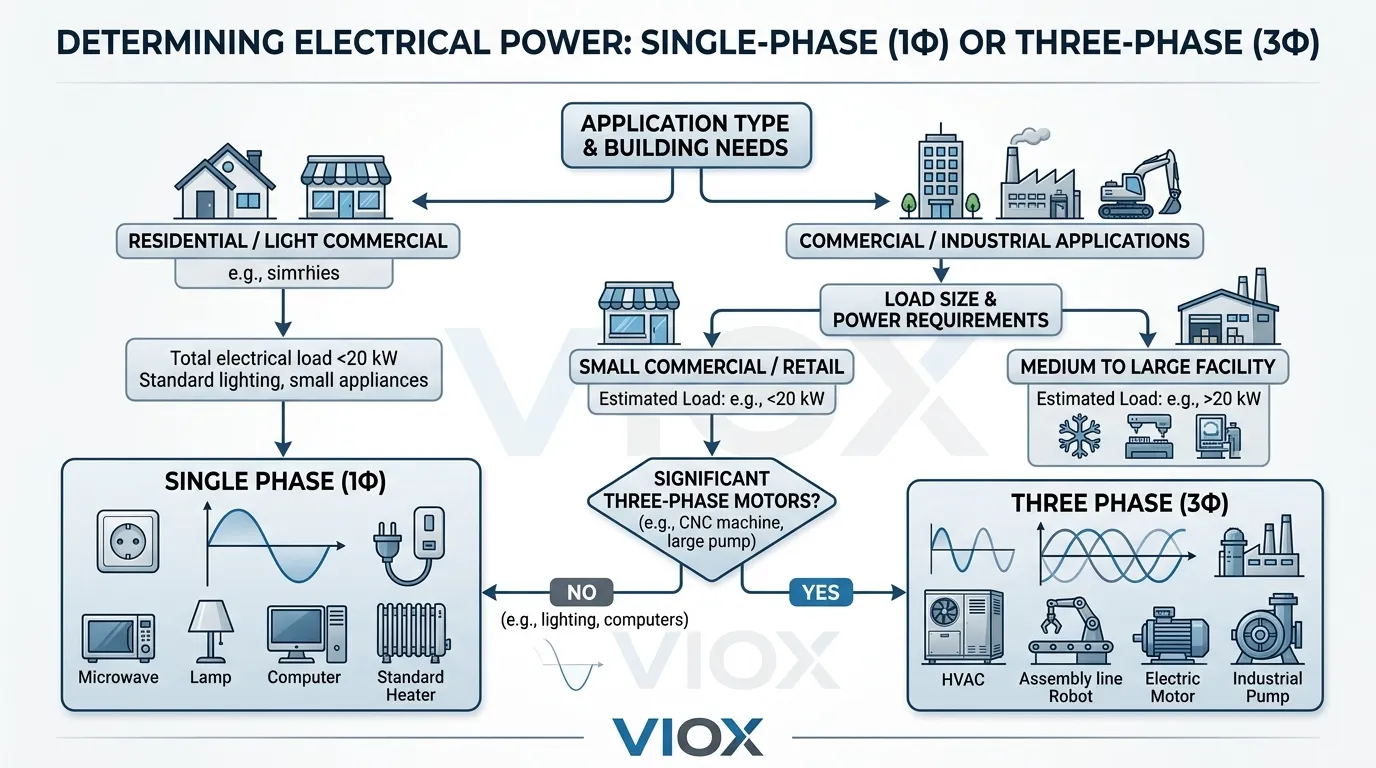 Infographie d'arbre de décision pour choisir l'alimentation monophasée ou triphasée