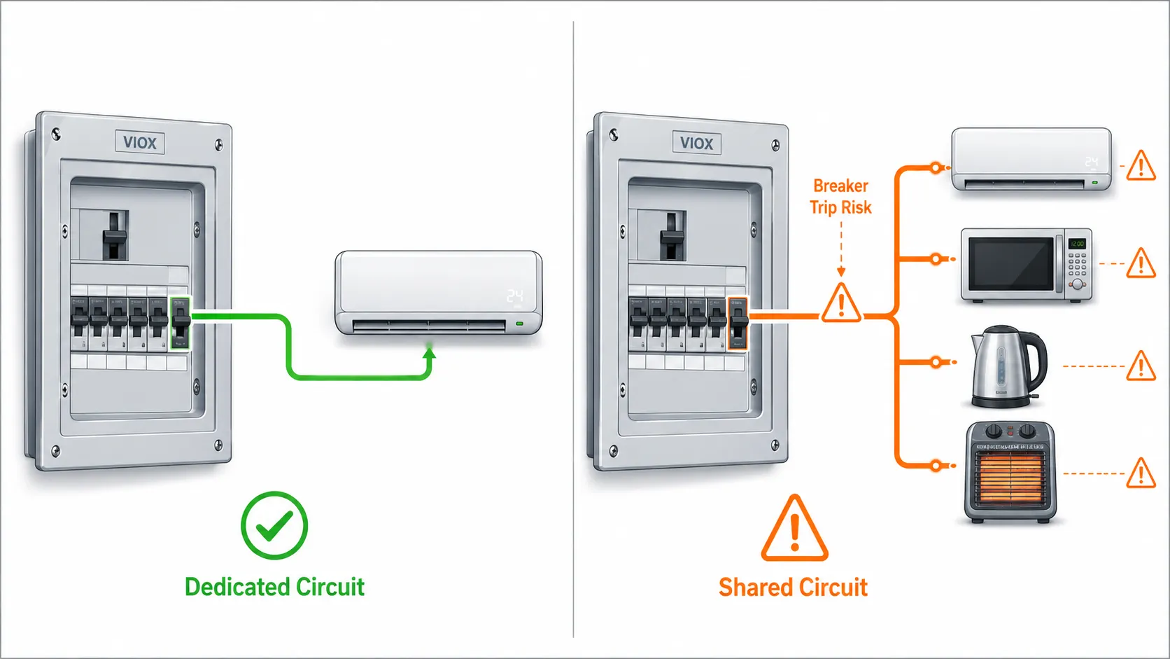 Dedicated air conditioner circuit compared with a shared circuit causing breaker trips and overload risk.