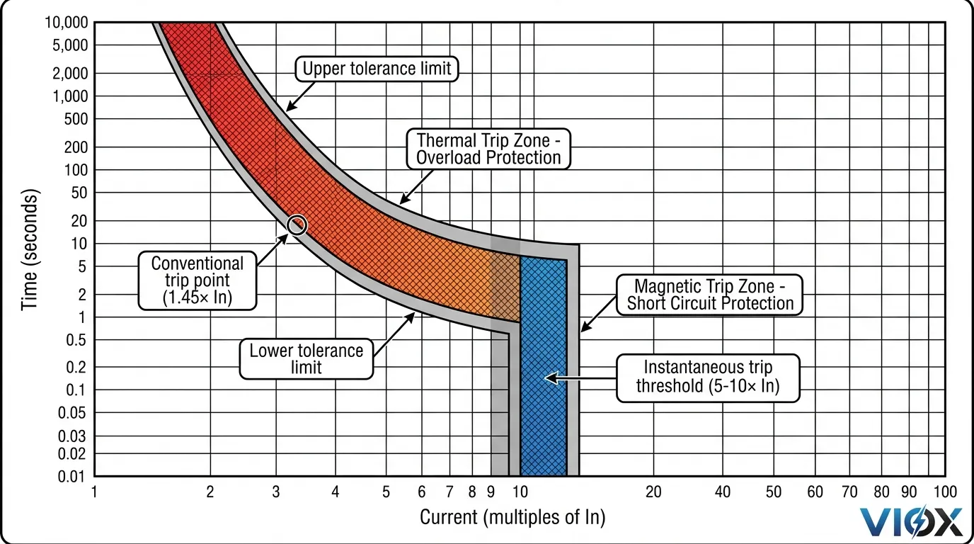 نمودار فنی دقیق منحنی قطع نوع C که مناطق حفاظت حرارتی و مغناطیسی را با باندهای تلورانس نشان میدهد