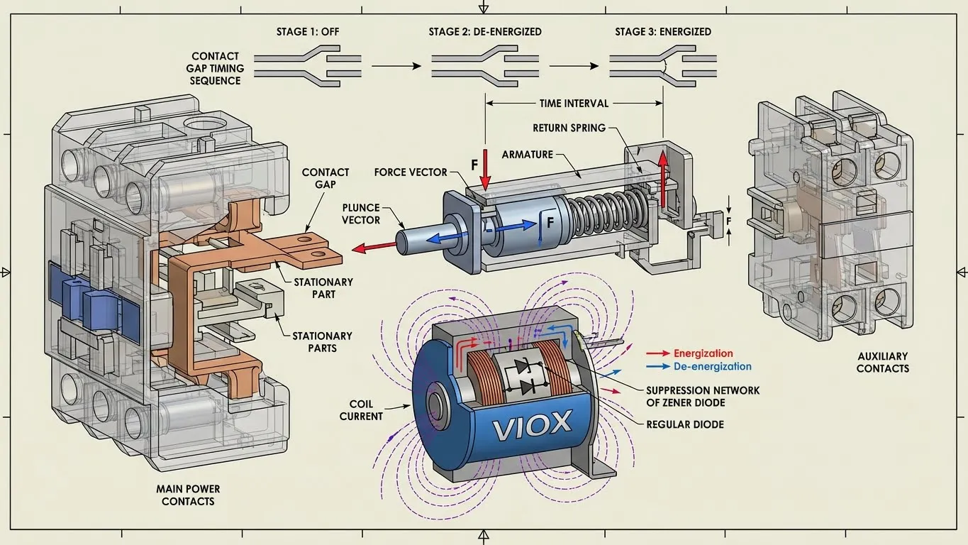 Λεπτομερές τεχνικό διάγραμμα των εσωτερικών εξαρτημάτων του επαφέα που δείχνει το ενσωματωμένο δίκτυο καταστολής και την ακολουθία λειτουργίας των επαφών
