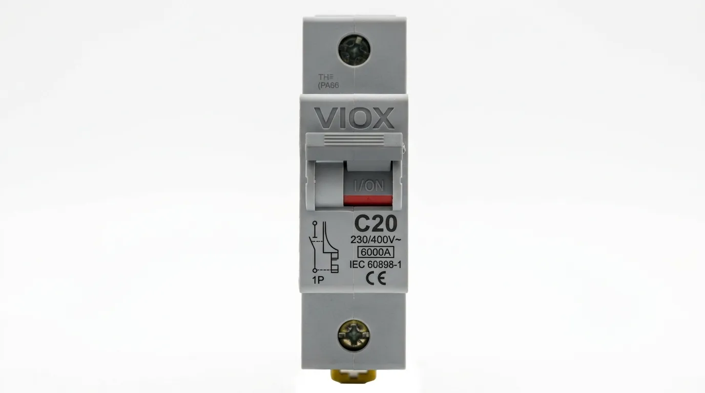 Tip C derecesi, 20A akım kapasitesi, kesme kapasitesi ve IEC 60898-1 sertifika işaretlerini gösteren VIOX MCB isim plakasının ayrıntılı görünümü