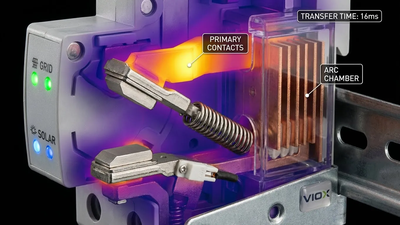 Vista detallada del mecanismo de contacto interno del interruptor de transferencia VIOX que muestra el sistema de extinción de arco y las características térmicas durante la transferencia de energía solar-red