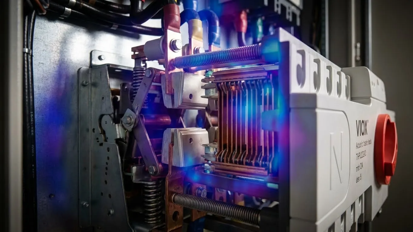 Close-up of circuit breaker contact assembly showing arc quenching and thermal distribution