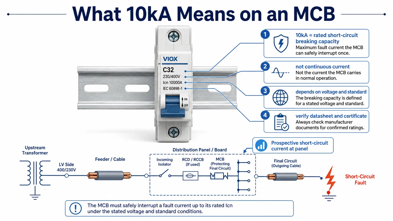 Diagram explaining that 10kA on an MCB means rated short-circuit breaking capacity under specified test conditions not continuous current