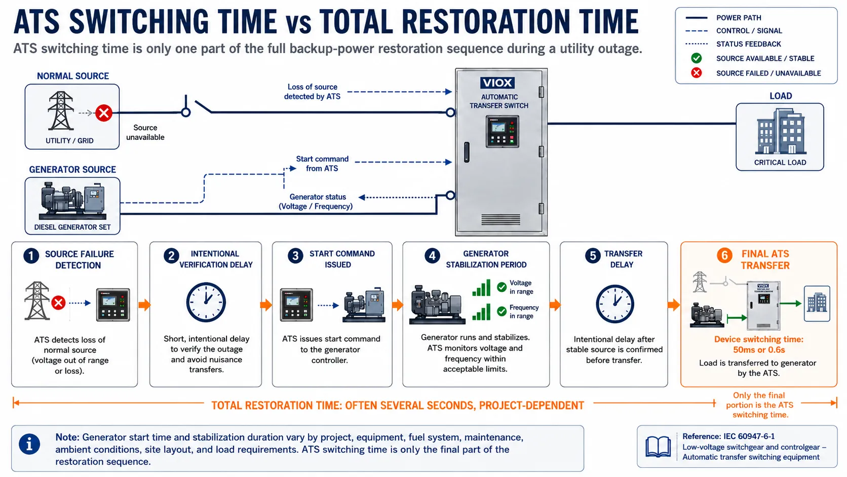 Diagram explaining the difference between ATS switching time and total generator restoration time including source detection generator start stabilization delay and transfer