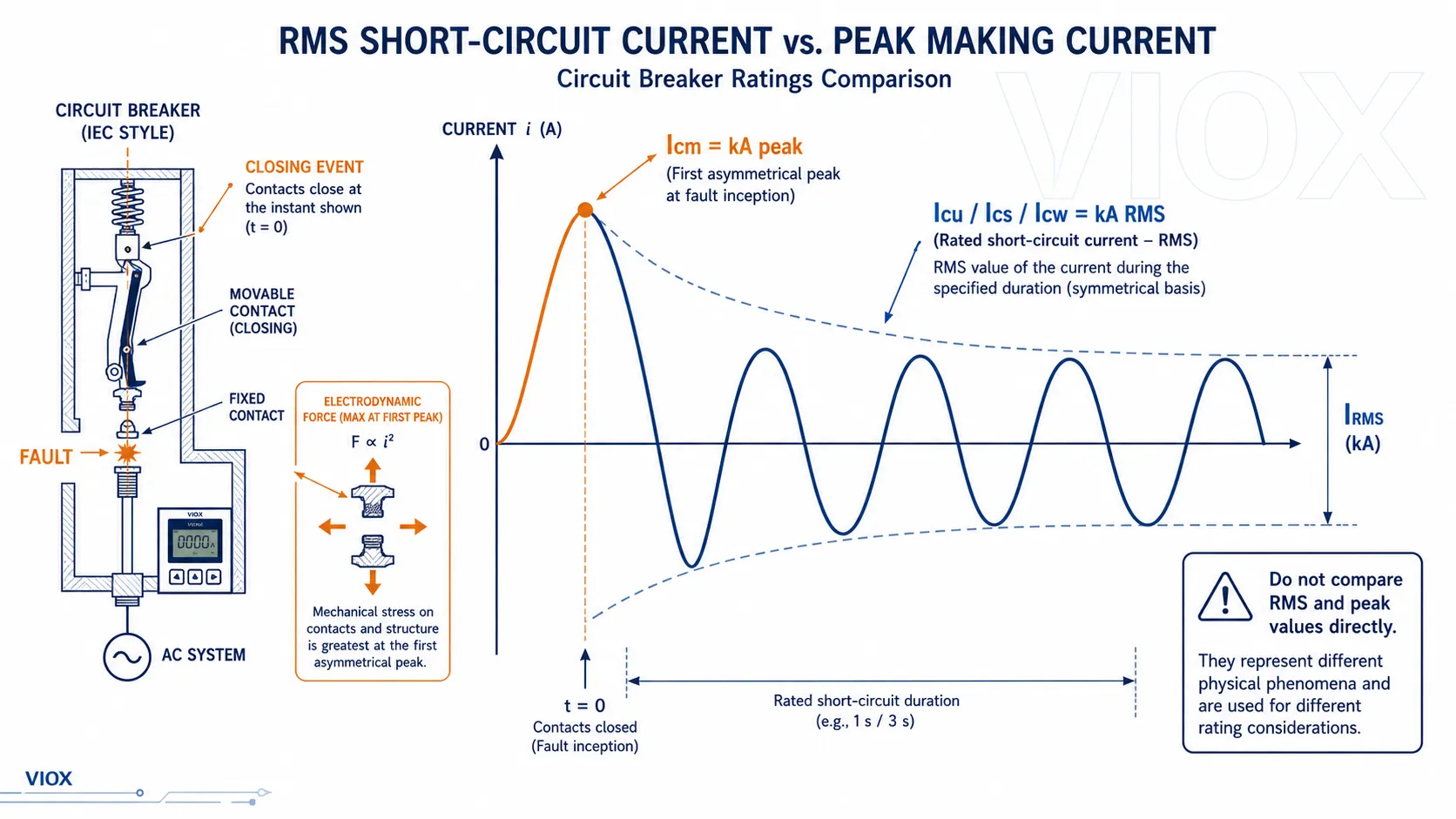 Diagram explaining why Icm is a peak current rating while Icu Ics and Icw are RMS short circuit ratings