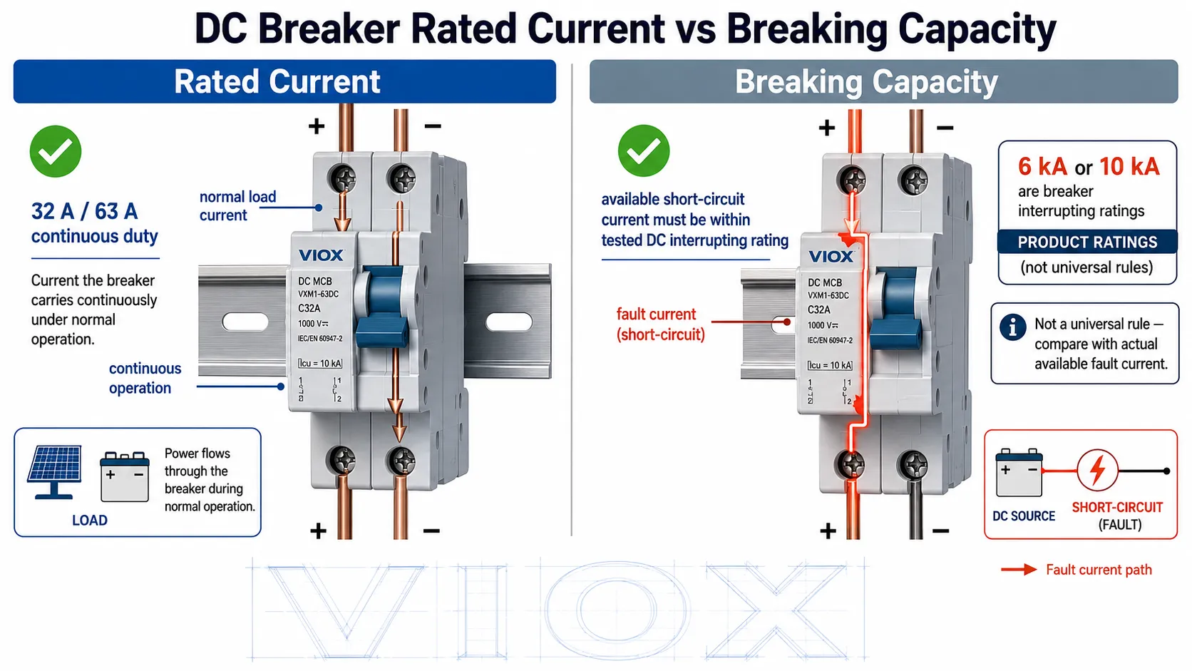 Difference between DC breaker rated current and DC breaking capacity for fault-current interruption
