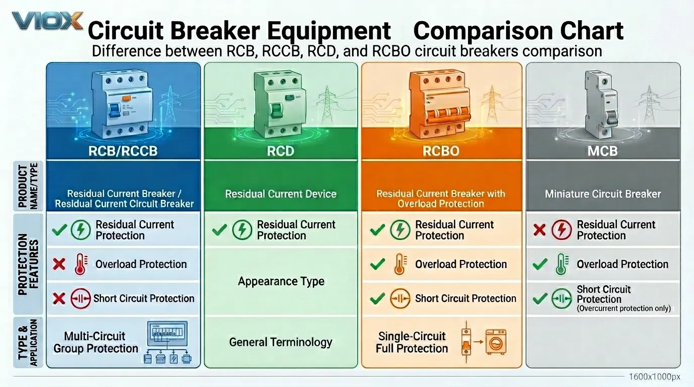 Perbedaan antara pemutus sirkuit RCB RCCB RCD dan RCBO perbandingan