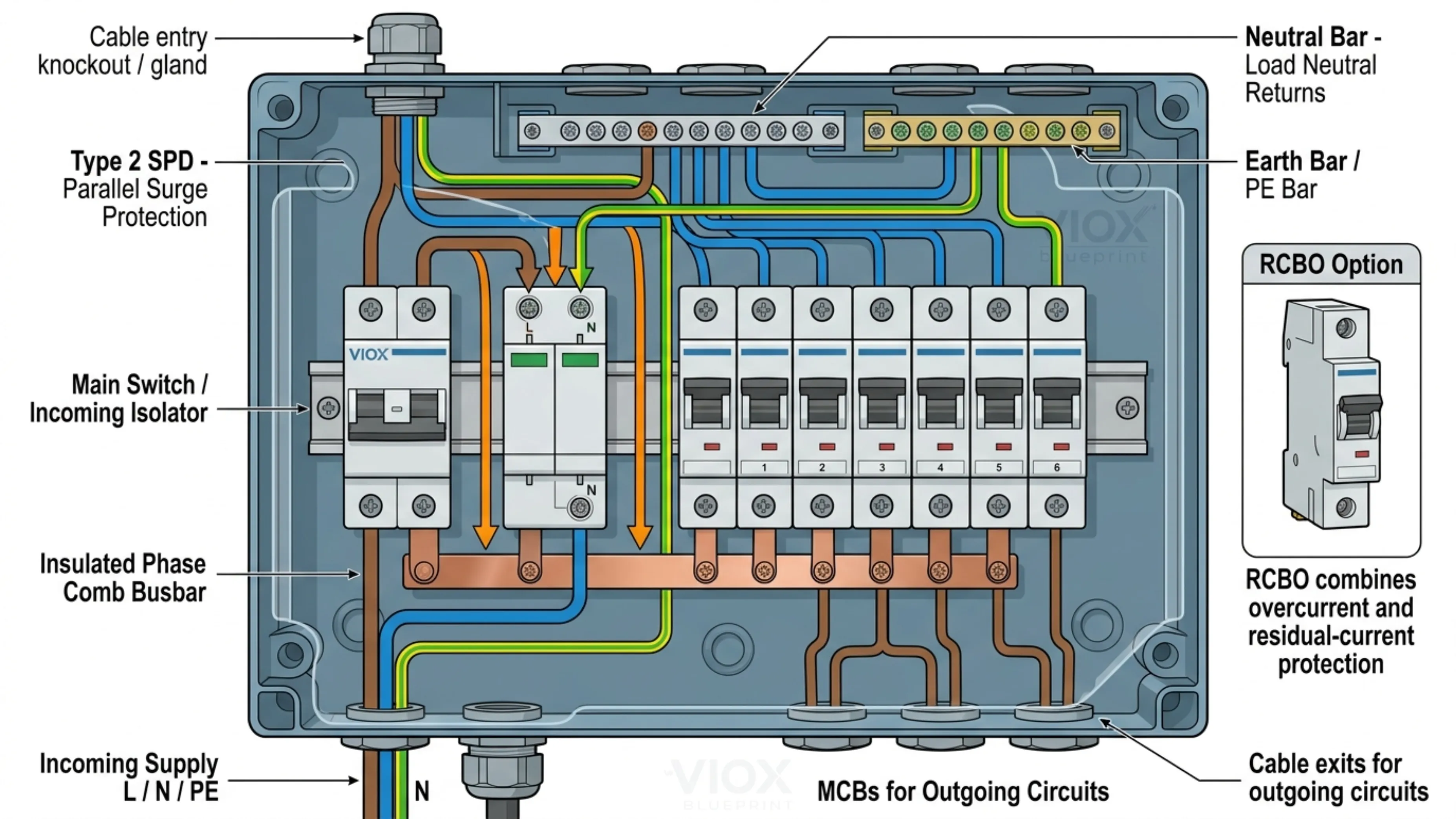 Internal structure diagram of a distribution box detailing MCBs, phase busbar, neutral bar, earth bar, SPD, DIN rail, and cable entry knockouts