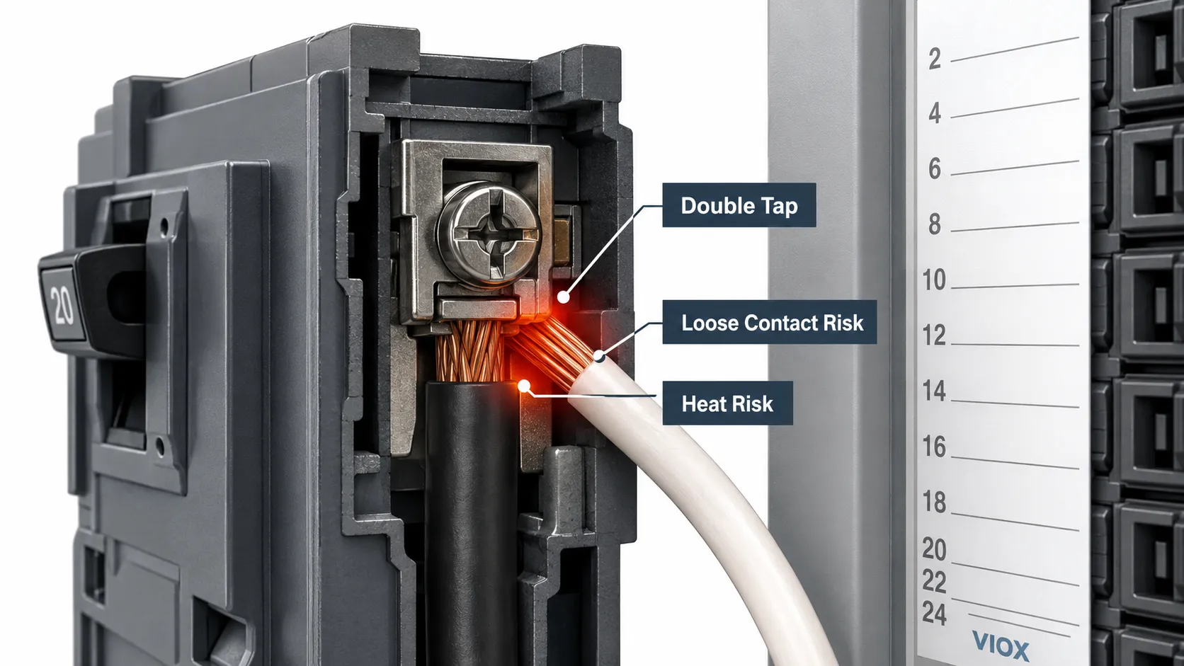 Double-tapped breaker with two wires under one terminal causing a loose connection and overheating risk.