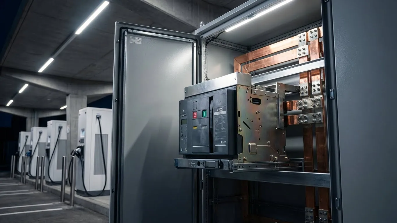 Estilo de fotografía industrial, foto de alta resolución de un interruptor automático de caja abierta (ACB) tipo extraíble montado en un gabinete eléctrico de metal gris, que muestra el interruptor en posición parcialmente extraída con barras colectoras de cobre y terminales de conexión visibles, equipo eléctrico profesional, entorno industrial limpio, logotipo de VIOX visible en la placa de identificación del equipo, iluminación dramática que destaca las superficies metálicas, fondo de estación de carga comercial de vehículos eléctricos borroso, calidad 4K, fotografía de producto profesional