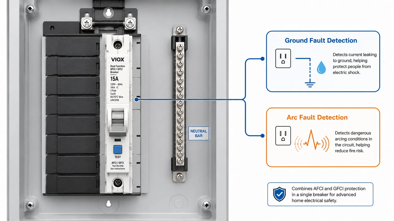 Dual-function AFCI GFCI breaker combining shock and fire protection.