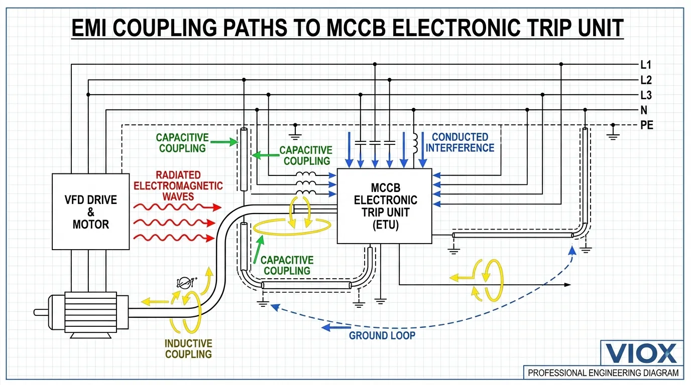 Mecanismos de acoplamento EMI que afetam as unidades de disparo MCCB eletrónicas - VIOX Electric