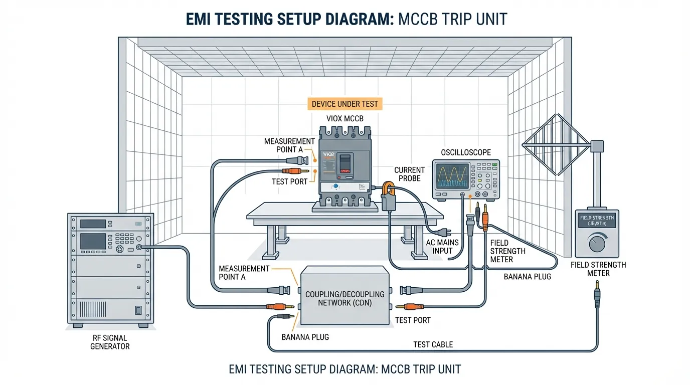 Configuração de teste de EMI para unidades de disparo MCCB eletrónicas - VIOX Electric