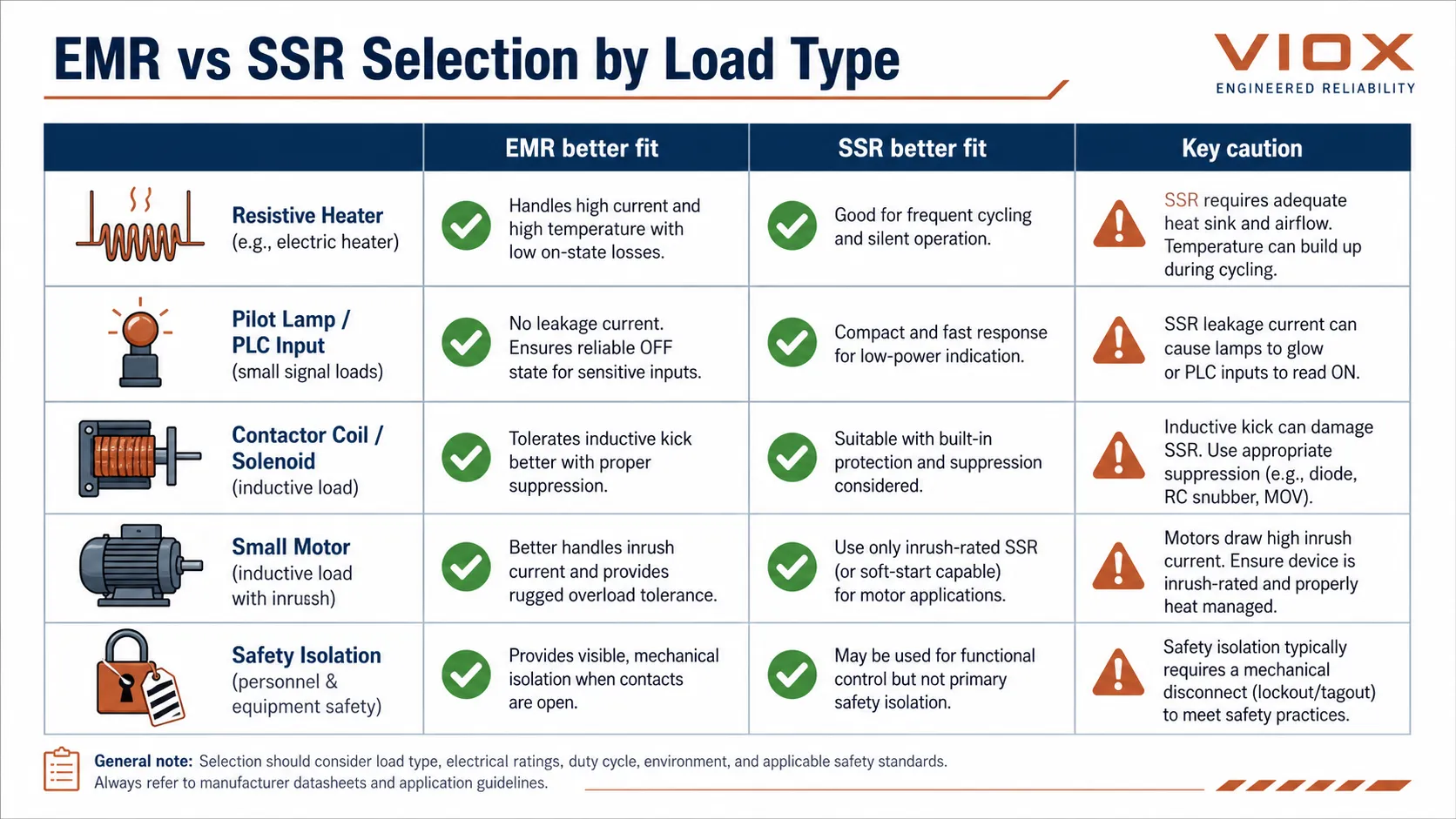 EMR vs SSR selection by load type for heaters, PLC inputs, solenoids, motors, and safety isolation applications