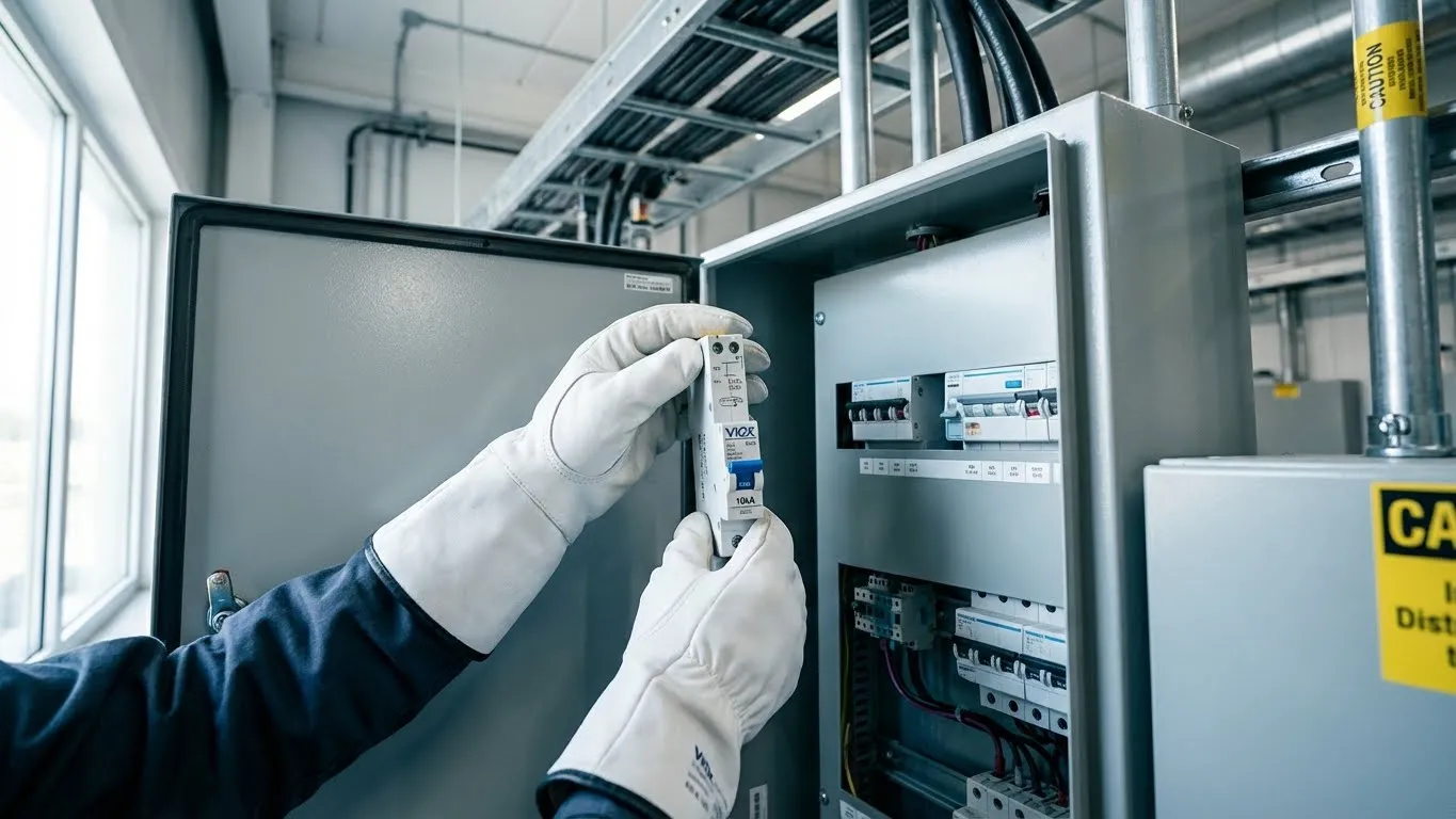 Villanyszerelő VIOX 10 kA névleges RCBO-t szerel be egy kereskedelmi épület elosztópaneljébe a telepítés során