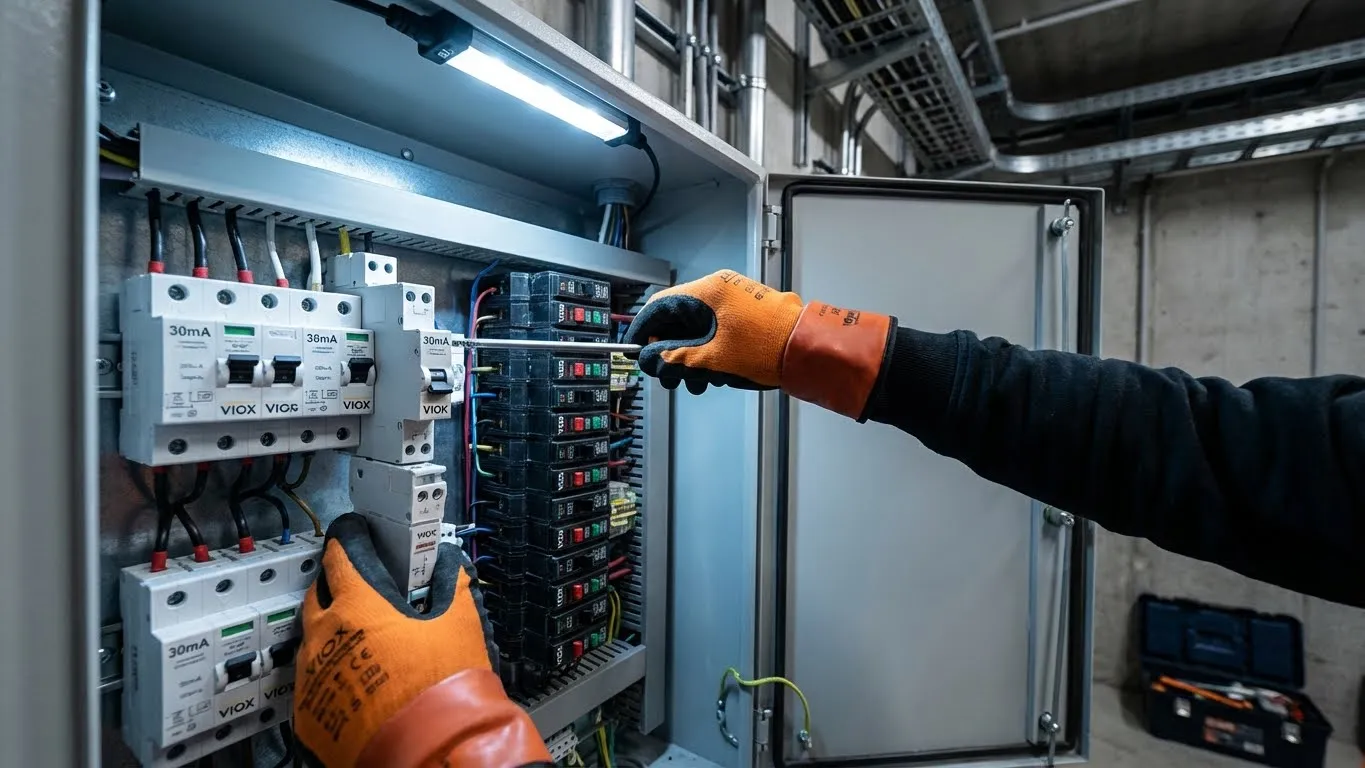 Elektrik yüklenicisi, hem IEC hem de Kuzey Amerika formatlarını gösteren ticari dağıtım paneline VIOX RCD ve GFCI koruma cihazları takıyor