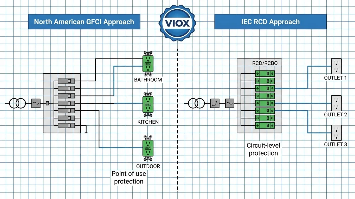 Kuzey Amerika kullanım noktası GFCI priz kurulumunu, dağıtım panelinden IEC tüm devre RCD korumasına karşı karşılaştıran elektrik dağıtım şeması