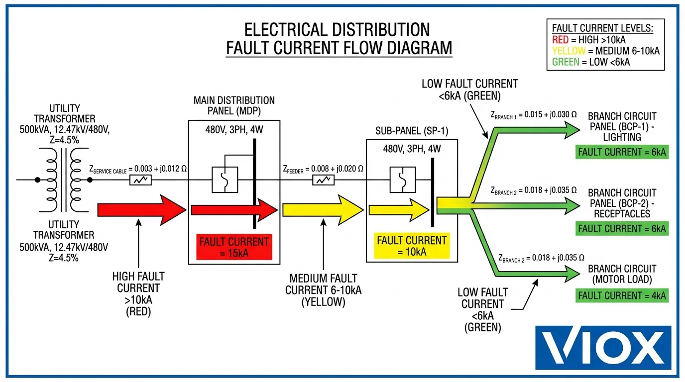 Skema pengagihan elektrik menunjukkan tahap arus kerosakan dari transformer ke litar akhir