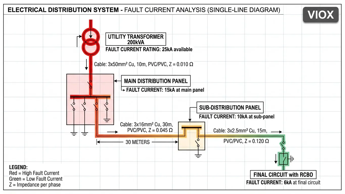 Elektromos elosztórendszer hibaáramszintjei a transzformátortól a végső áramkörig, bemutatva az RCBO megszakítóképességének kiválasztási pontjait