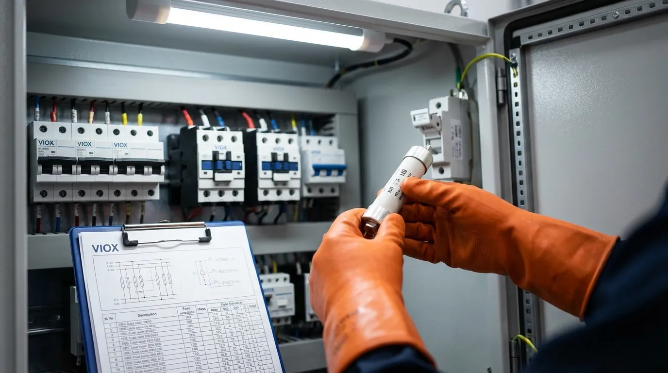 Insinyur listrik memasang sekering HRC di panel kontrol industri mengikuti prosedur keselamatan yang tepat