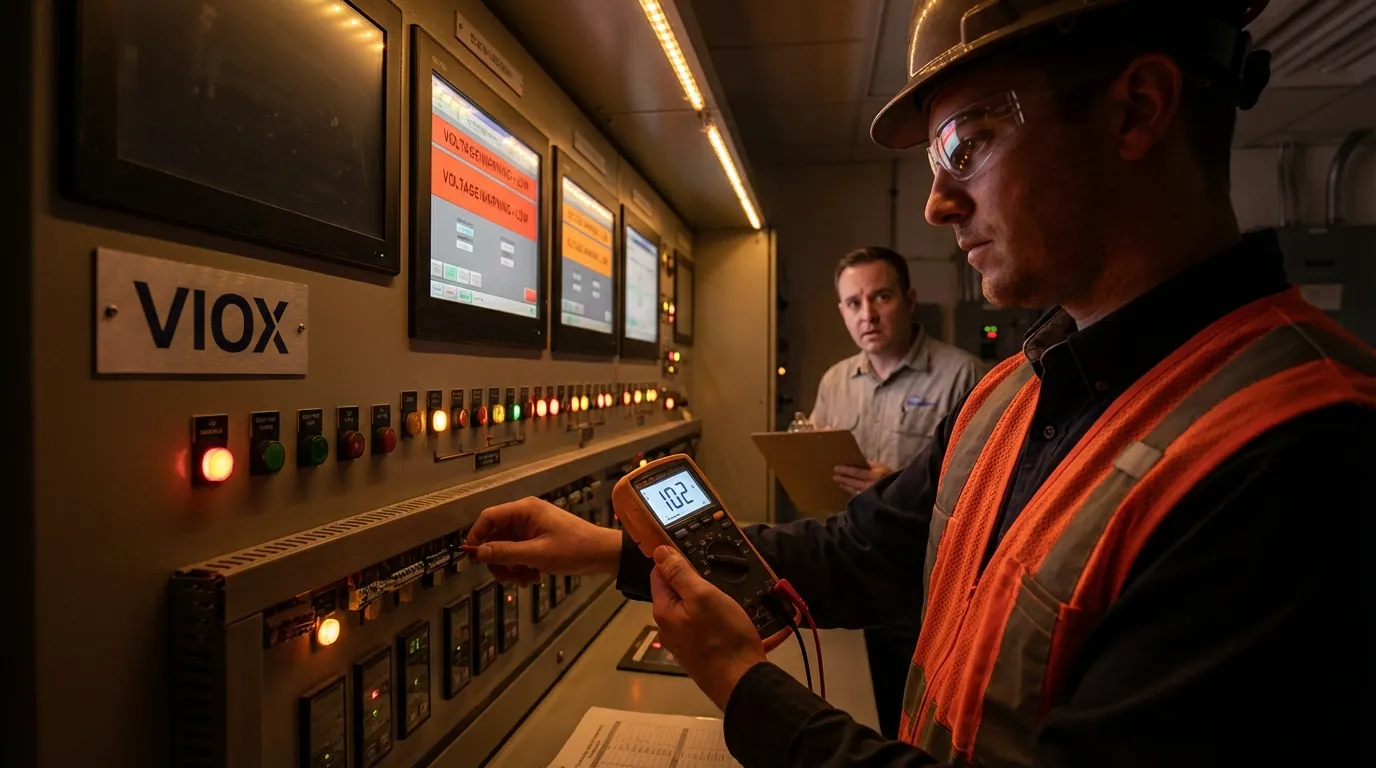 Electrical engineer monitoring voltage levels during brownout event in industrial facility