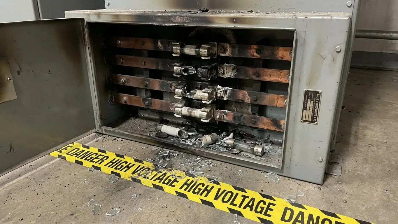 تلف اللوحة الكهربائية بعد انفجار المصهر الزجاجي وحادث القوس الكهربائي