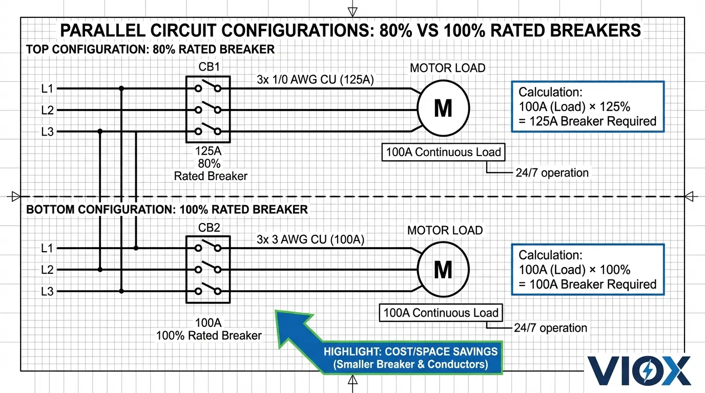 شماتیک الکتریکی مقایسه الزامات سایزینگ قطع کننده برای قطع کنندههای مدار VIOX با رتبه 80% در مقابل 100% با بارهای مداوم