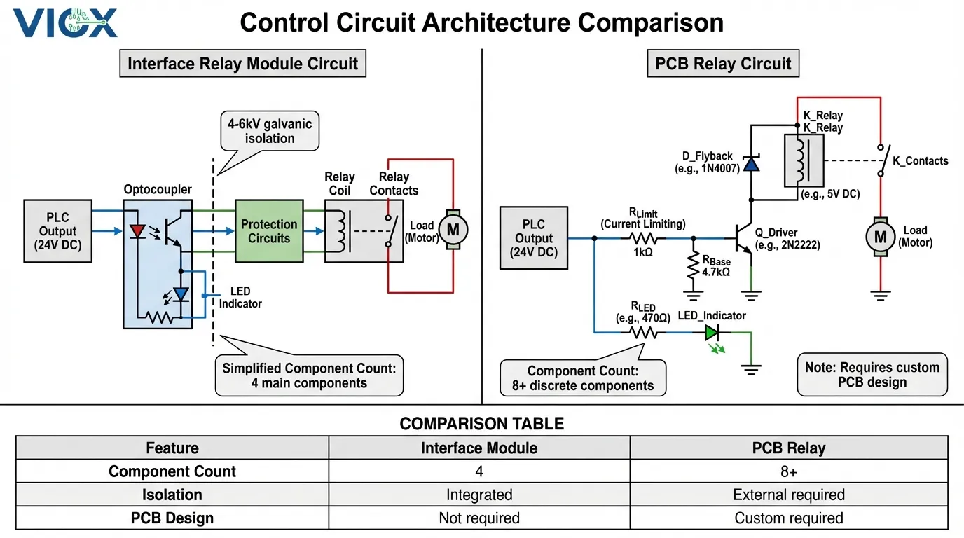 Electrical schematic comparison showing VIOX interface relay module integrated protection versus discrete PCB relay circuit requiring multiple external components