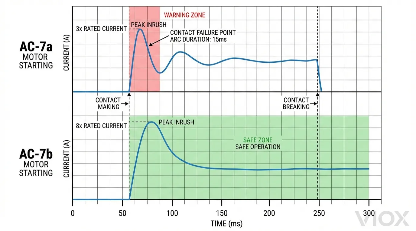 Electrical schematic diagram showing motor starting current waveform comparison AC-7a vs AC-7b