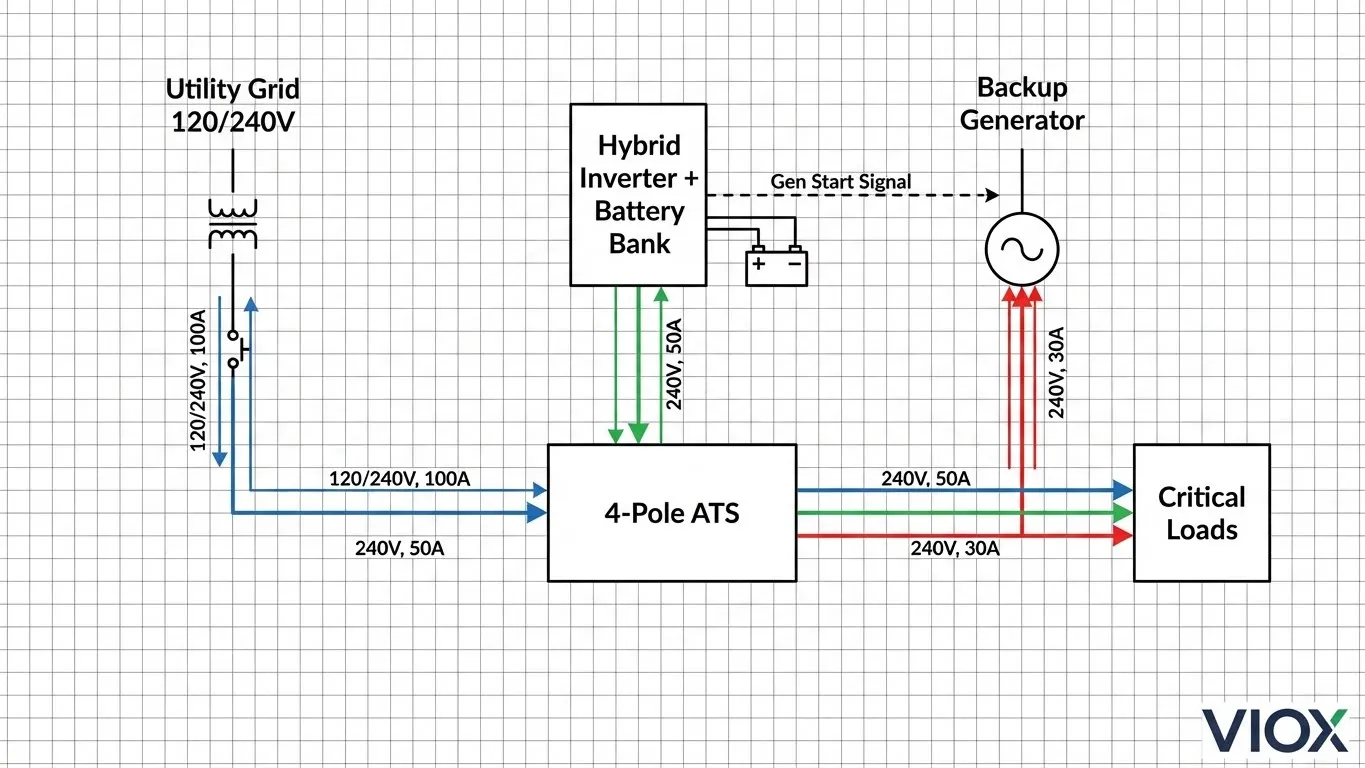 Esquema eléctrico que muestra el inversor híbrido, la conexión a la red y al generador a través de un interruptor de transferencia automática de 4 polos con control de arranque de 2 hilos