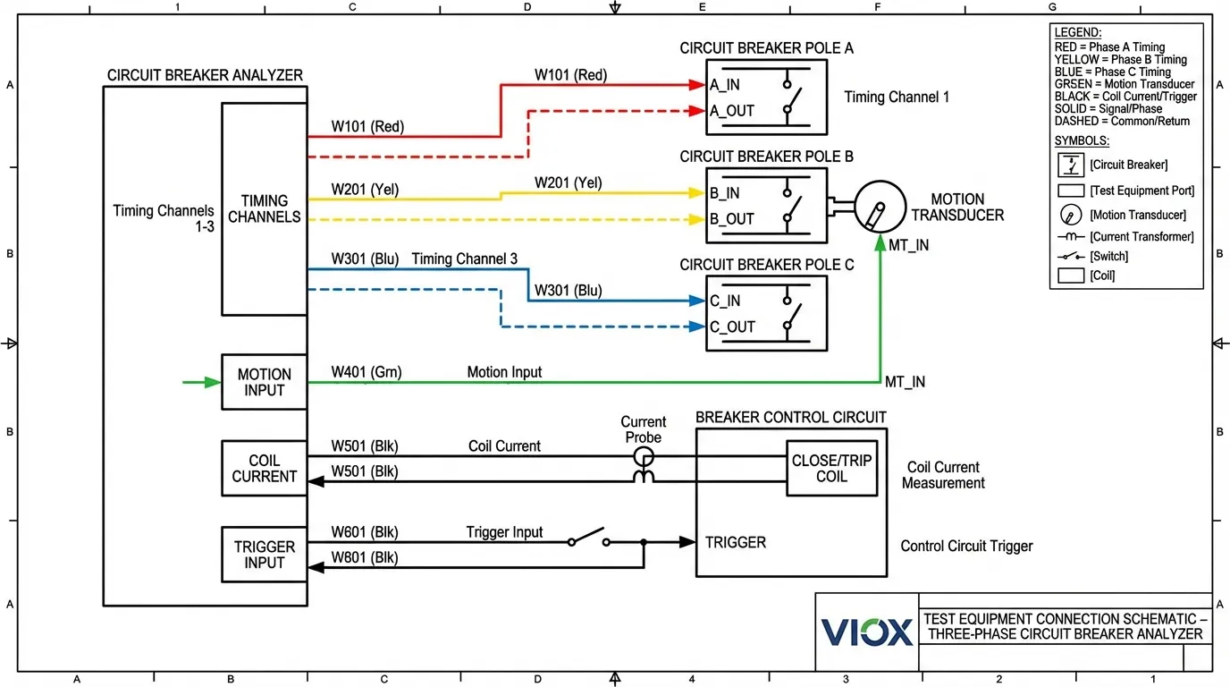 رسم تخطيطي كهربائي يوضح التوصيل الصحيح لمحلل قاطع الدائرة للاختبار الشامل للخصائص الميكانيكية والتوقيت