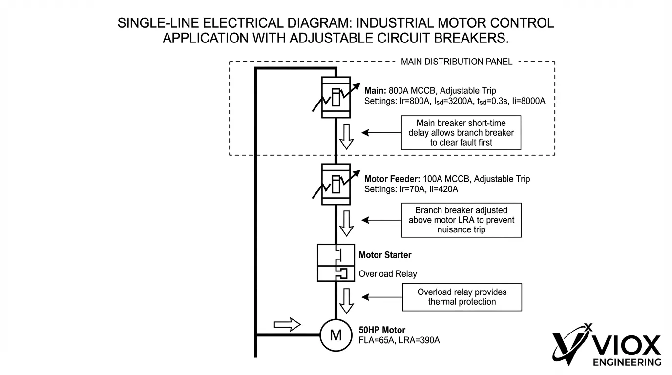 Electrical single-line diagram showing adjustable circuit breaker coordination in motor control application with detailed trip settings and protection zones