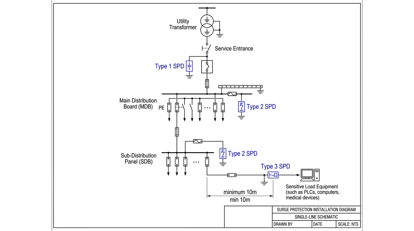 Elektromos egyvonalas diagram, amely az 1., 2. és 3. típusú SPD-k helyes telepítési helyeit mutatja egy kisfeszültségű elosztórendszerben