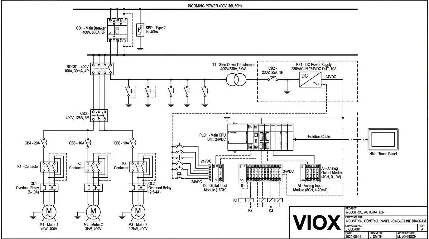 Elektryczny schemat jednokreskowy przedstawiający dystrybucję energii i architekturę obwodów sterowania dla przemysłowego systemu szafy sterowniczej - VIOX Electric