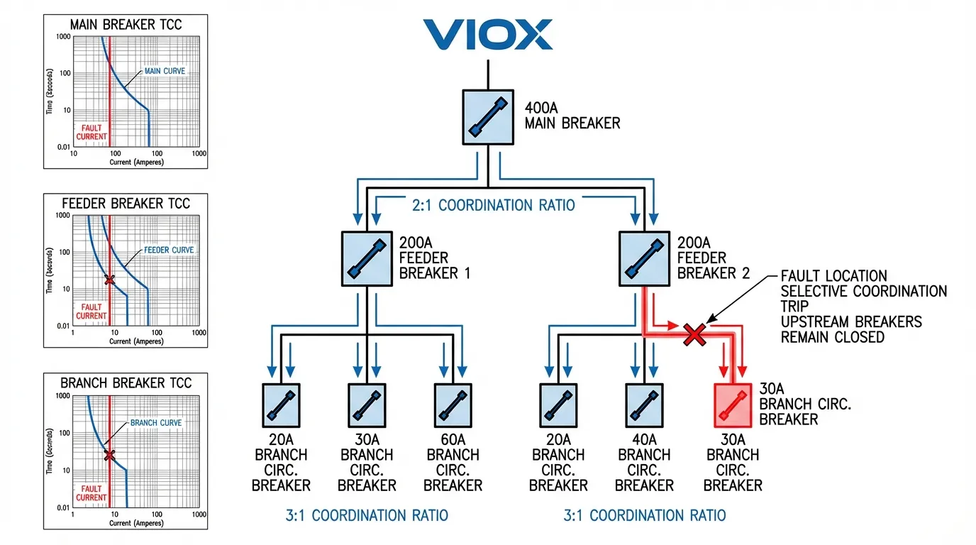 Electrical single-line diagram showing selective coordination between main, feeder, and branch circuit breakers with proper amperage ratios for fault isolation