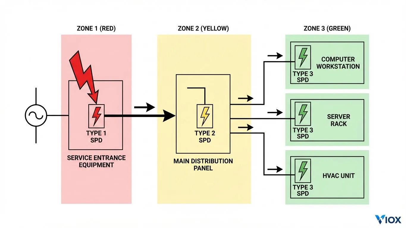 គំនូសប្លង់គ្រោងការណ៍ប្រព័ន្ធអគ្គិសនីដែលបង្ហាញពីការការពារ SPD ដែលបានសម្របសម្រួលជាមួយនឹងឧបករណ៍ការពារការកើនឡើង VIOX ប្រភេទទី 1, ប្រភេទទី 2 និងប្រភេទទី 3 នៅច្រកចូលសេវាកម្ម បន្ទះចែកចាយ និងកម្រិតឧបករណ៍